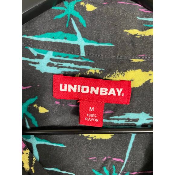 Unionbay Tropical Print Short Sleeve Button Shirt‎ Black Rayon Men's Medium - Picture 2 of 7